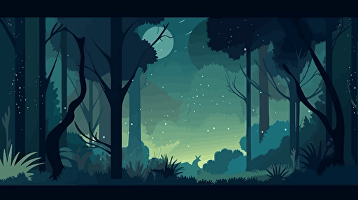 Fantasy flat cover 2D art of a blueish and greenish forest with a few fuzzy fireflies, simple flat natural elements and few animals. moon in the distance, dark pinetrees, flat color, grainy gradient shadows, vector style.