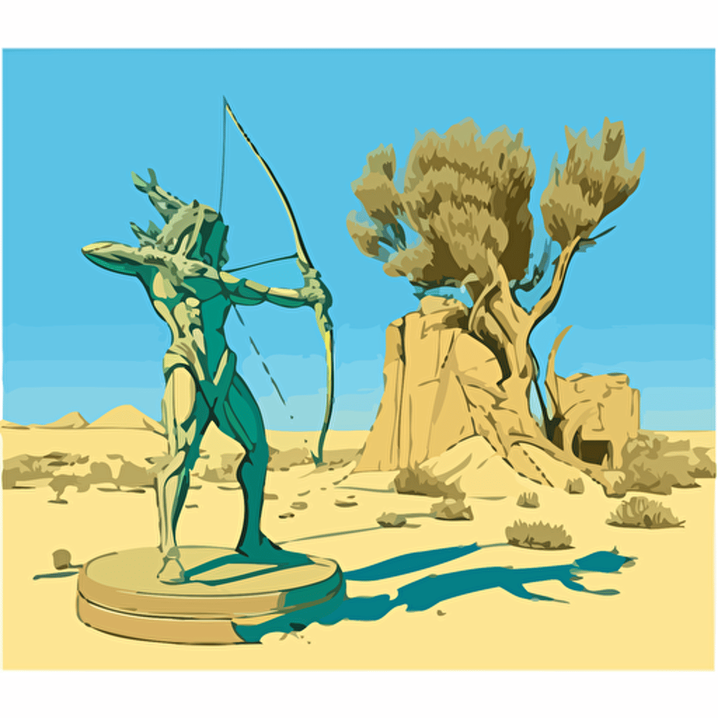 giant statue shooting bow and arrow submerged in desert sand surrounded by yucca trees by moebius, comic book style, 2d vector art, flat colors