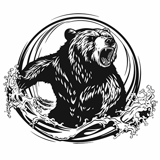 grizzly bear, fun surfs up, hang ten symbol, black and white vector, white background