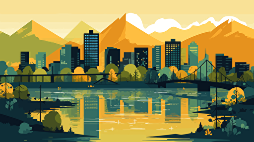 vector art of a city surronded by forests and montains, add a river going through the city, the main colours are green and yellow,