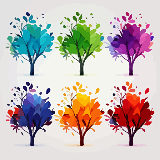 Vector tree, 5 branches, each leave has a different color, leave colors green blue red purple yellow, flat, 2d, white background, minimalistic design,