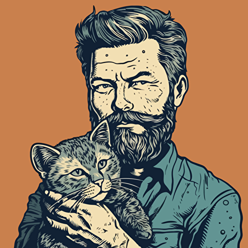 vector art style, 38 year old white male with salt and pepper beard, slick backed hair, holding a cat, in the style of Michael Parks