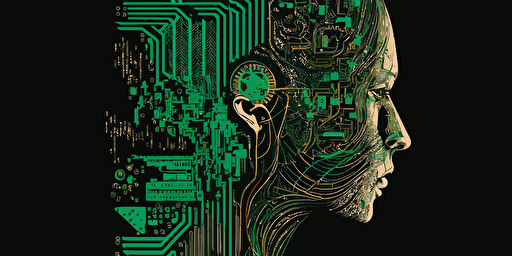 a circuit board in the shape of a human face on the right side of the image, artificial intelligence, high tech, flat vector style, simple