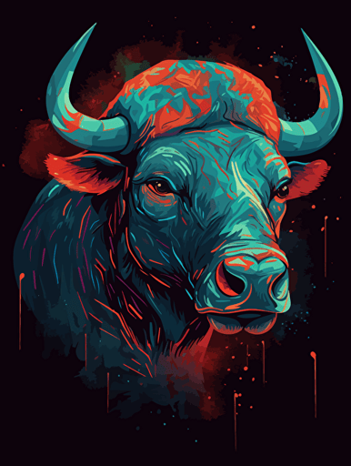 vector art of a fierce Cape buffalo, red, white and turquoise lighting, 300 dpi,
