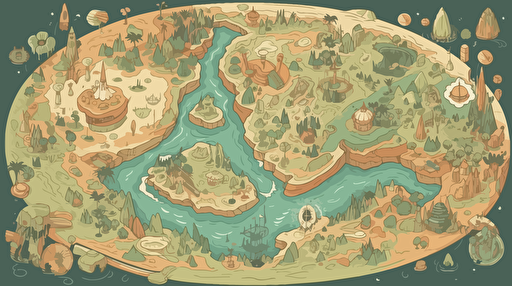 a top-down map of a foreign jungle planet with multiple unexplored landmarks, flat vector