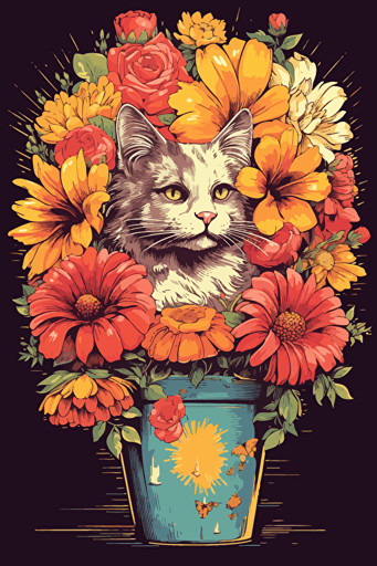 colorful svg vector drawing of vase full of flowers behind a a beautiful cat