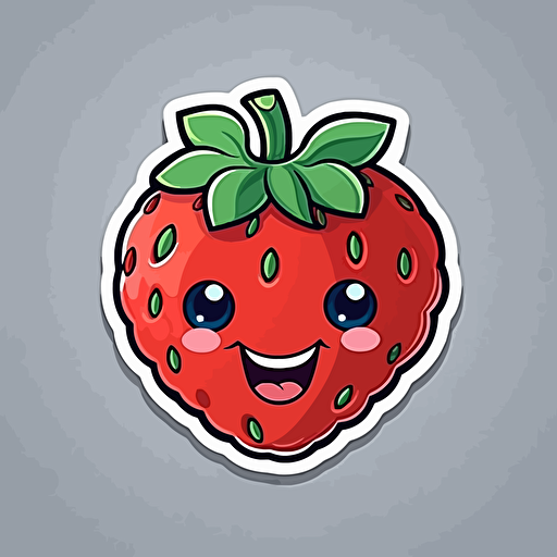 sticker, cute and happy ripe strawberry, kawaii, contour, vector, white border, gray background