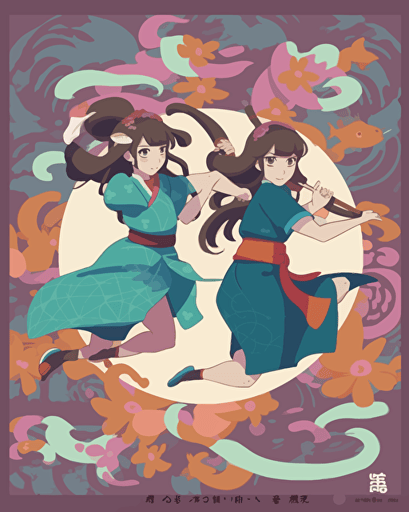 fukuume udon tv series download, in the style of lois greenfield, playful cartoonish illustrations, high-angle, whitcomb-girls, commission for, dark brown and cyan, strong use of color
