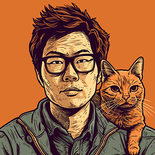 vector art style 28 year old asian man as a cat, in the style of Micheal Parks