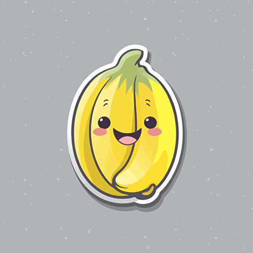 sticker, cute and happy banana, kawaii, contour, vector, white border, gray background