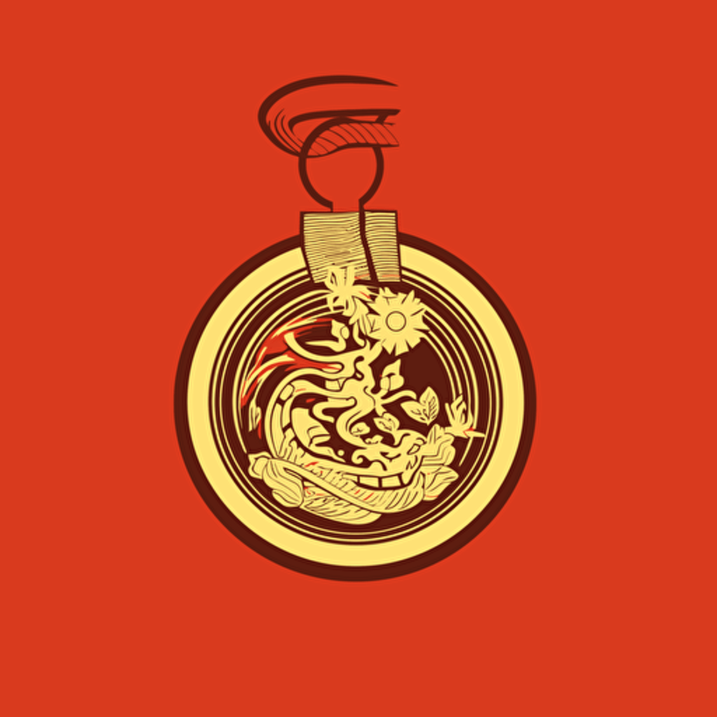 a vector drawing of a golden medalon a red background, flat colors, japanese, sophisticated, beautiful