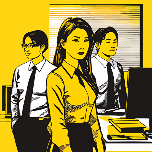 Vector illustration, black outline, office background is yellow tone on tone, medium shot, 3 people, office look, cheerful pose, today's employed Koreans, young people