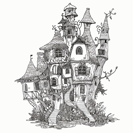 a tall whimsical medieval hobbit house, in a flat 2d vector style, black and white, no perspective, zentangle style, in the style of artist johanna basford