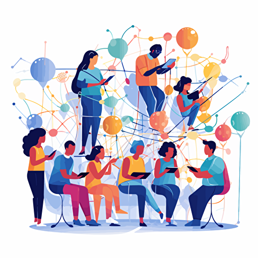 vector art of people connecting with eachother, both online as offline. Many different types of people. Fresh, happy colors.