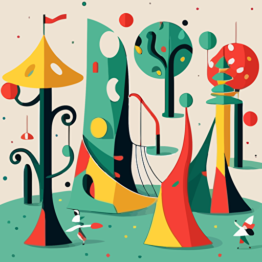 Inspired by Joan Miró's abstract shapes and biomorphic forms, create a vector illustration of a fantastical playground filled with imaginative play structures, where children and their families are having fun. Set the scene during a bright summer day.