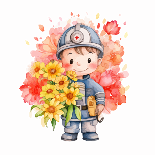 cute fireman, flowers, detailed, cartoon style, 2d watercolor clipart vector, creative and imaginative, hd, white background
