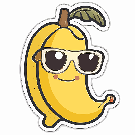 sticker, a cute banana with a face and sunglasses, kawaii, contour, vector, white