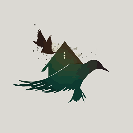 flying bird, outstretched wings, negative space house roof with gable window, vector logo, very simple