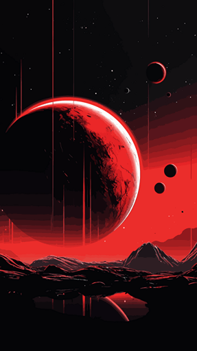 a red and black planet in space, vivid, multiple moons, flat vector illustration