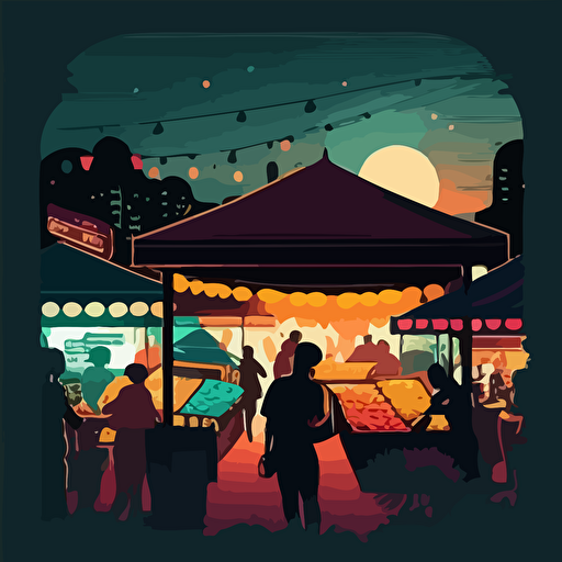 vector art colorful, taiwanese night market inside shilouette of galaxy