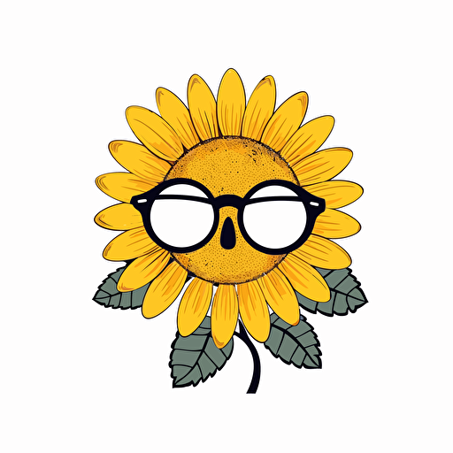 A cheerful sunflower with hipster glasses, a playful and friendly logo design with a minimalist approach, white background to enhance the vibrant colors of the sunflower, Illustration, vector art,
