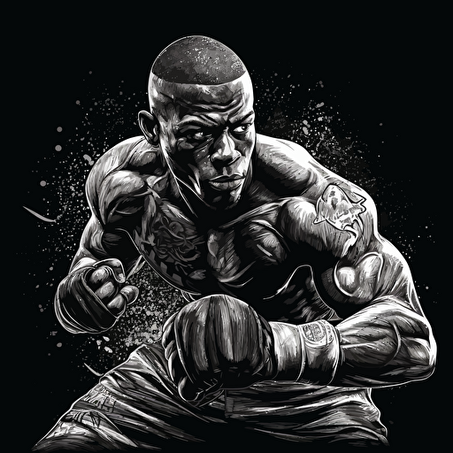 hyper detailed vector illustration of mma fighter shadowboxing, black white and grays, black background, poster quality
