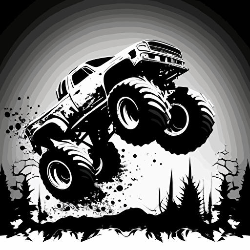 black and white Big Foot monster truck flying over a jump, vector clip art style no textures not much detail