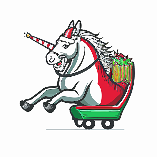 funny unicorn pulling santas sled, vector logo, vector art, emblem, simple cartoon, 2d, no text, white background