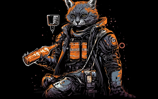 diagrammatic vector of one anthromoporphic cat dressed in sci-fi cyberpunk with a weapon on back and beer bottle in hand