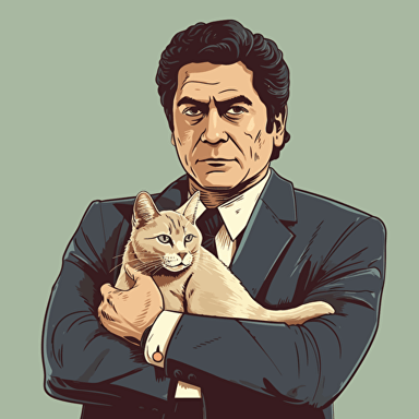 vector art style, 45 year old persian male executive, holding a cat, in the style of Michael Parks