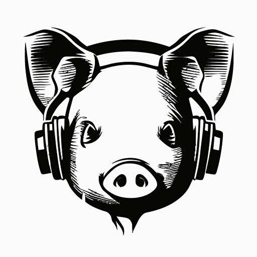 a logo of a pig for a dj, white background, black anb white, vector style, simple and plane image, focus in the face of the pig, using headphones in his ears, informal style