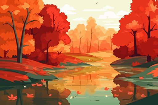 vector illustration of a quiet pond in a forest with a red tree