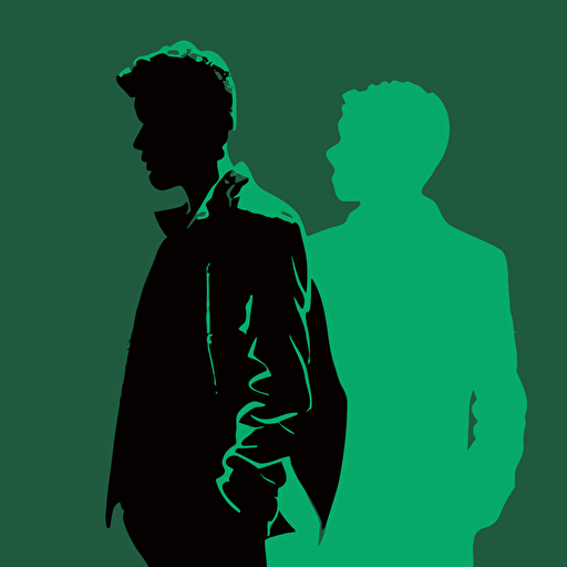 2 man, Innocent, Guys Night Out, green color, blue background, simple design, vector style, white outline over silhouette