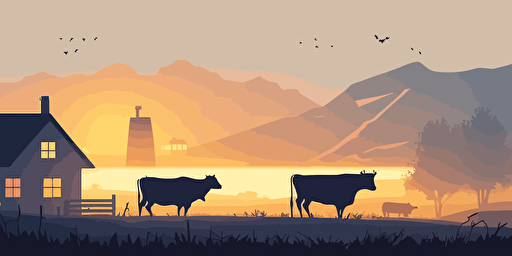 2d vector game illustration Cows in the meadow, early morning a little bit of fog flurries, sunset landscape cartoon