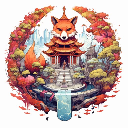 round up design with digital illustration of japanese shrine with kitsune, magic world inspired by Studio Ghibli, vector illustration, intricate details, unreal engine, extremely high detailing, sharp, white background