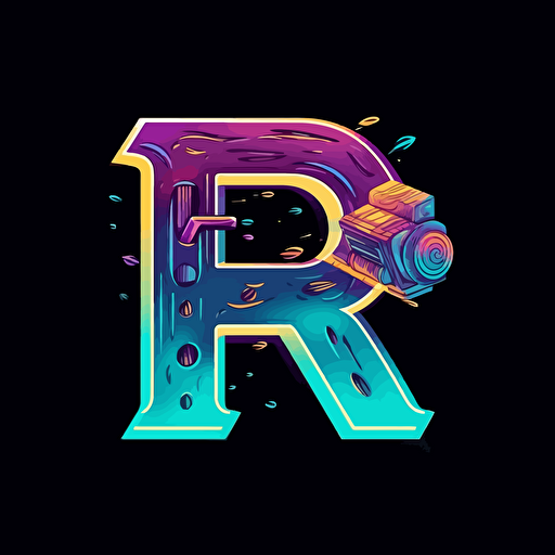 A vector logo for a movie production company with the initials "PR". The logo incorporates the letter symbols "P" and "R" and incorporates a gradient of the colors cyan, turquoise, teal, and violet. The logo features a Nerf blaster. Use the "lemon milk" font.