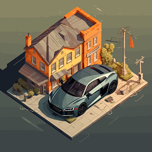 isometric world, Audi R8 Coupe, parked on street in Chicago, in the style of Matthew Skiff illustrations, in the style of Christopher Lee illustrations, in the style of Jonathan Ball illustrations, simple, rough-edged drawing, vector illustration, flat art,