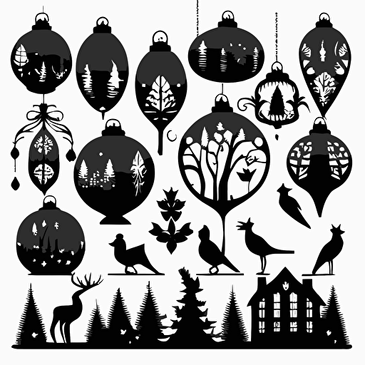 set of vector illustration of black silhouettes of different christmas ornaments, white background