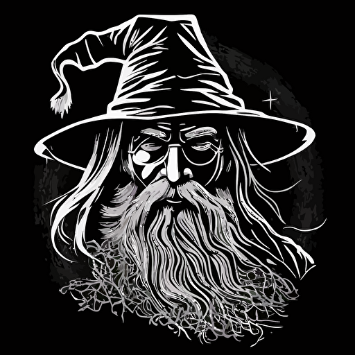 black and white vector image of old wizard. Happy mood.