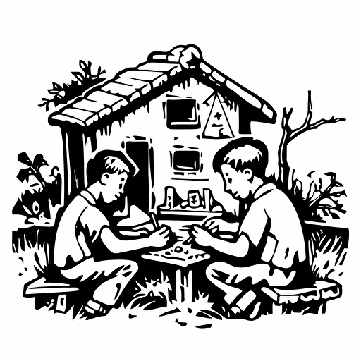 cabin, "people playing games":2, logo:3, black white drawing, vector