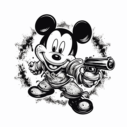 mickey mouse dodging bullets isolated on white background, vector illustration, black and white, logo
