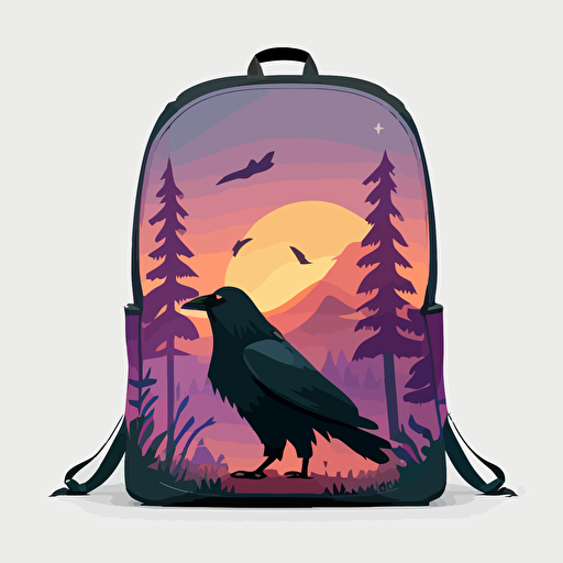 a raven on forest trail. Backpack, forest, mountain line, sunset. Cute, happy, vector, game design.