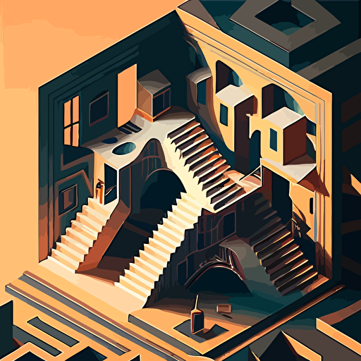 Based on M.C. Escher's optical illusions, design a vector illustration of a library where staircases connect bookshelves in impossible ways, with people reading and exploring the space. Set the scene under a soft, magical light.