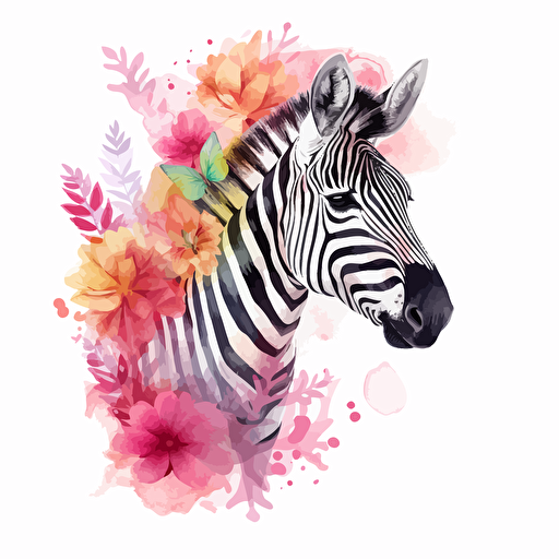 zebra, floral, detailed, cartoon style, 2d watercolor clipart vector, creative and imaginative, hd, white background