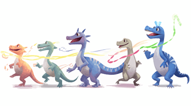 A dinosaur is attacked by leprachauns that are pulling his legs with a rope and riding his back. Above the dinosaur are three wizards sending light beams to the dinosaur. , Corporate illustration style, flat vector. Sketched. Light and bright.,