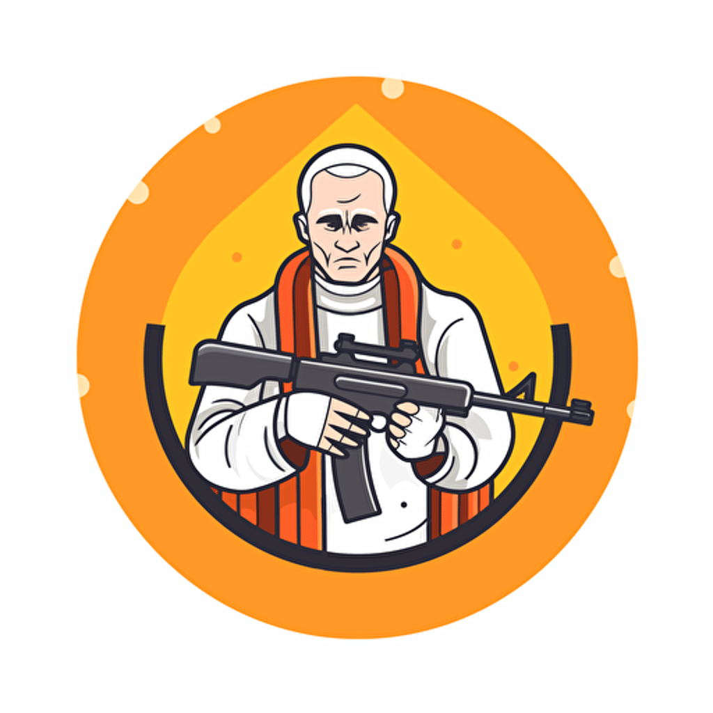 2D vector icon. Pope with a machine gun. Arsenal FC color theme. circle shape. White background