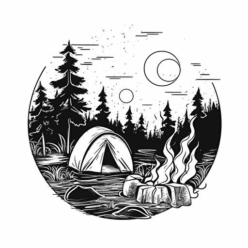 campfire at campsite, black and white vector, on white isolated