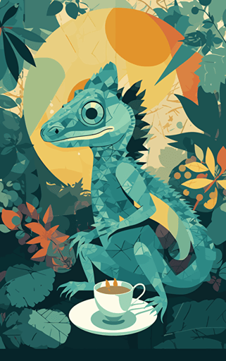 pop art collage illustration in the style of flat vector minimalism of an anthropomorphic lizard drinking tea in a rainforest cafe,