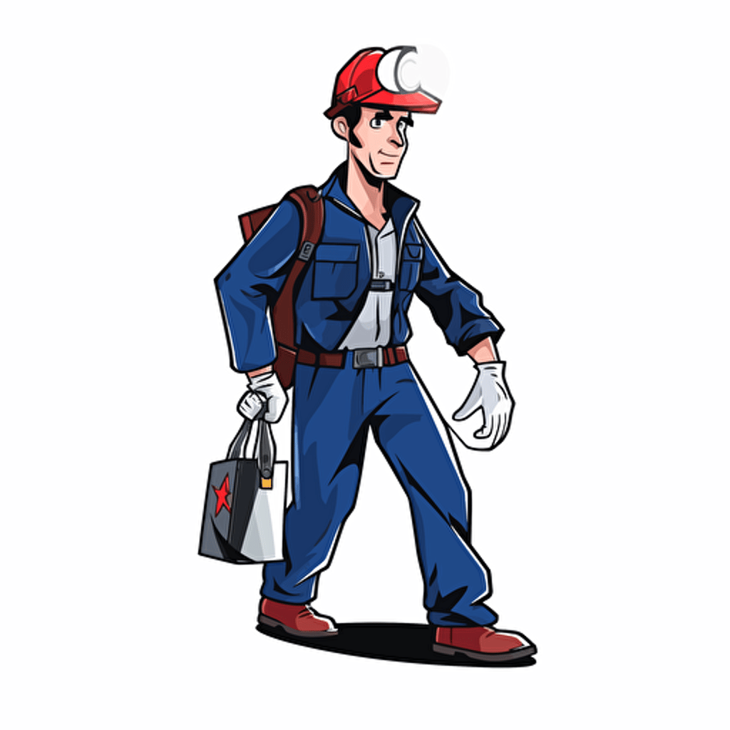 Vector cartoon of a field engineer wearing a white hardhat, dark blue jacket, and work shoes, gripping a flashlight, accompanied by a red bag hanging from their arm. extreme simple, White Background. Vector cartoon.