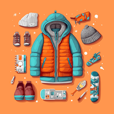 A spreadsheet with winterclothing for kids: (glove, beanie, shoe, pant, jacket, backpack for kids age between 3-11), vector art by Martina Krupičková, behance contest winner, postminimalism, digital illustration, flat shading, 2D game art.